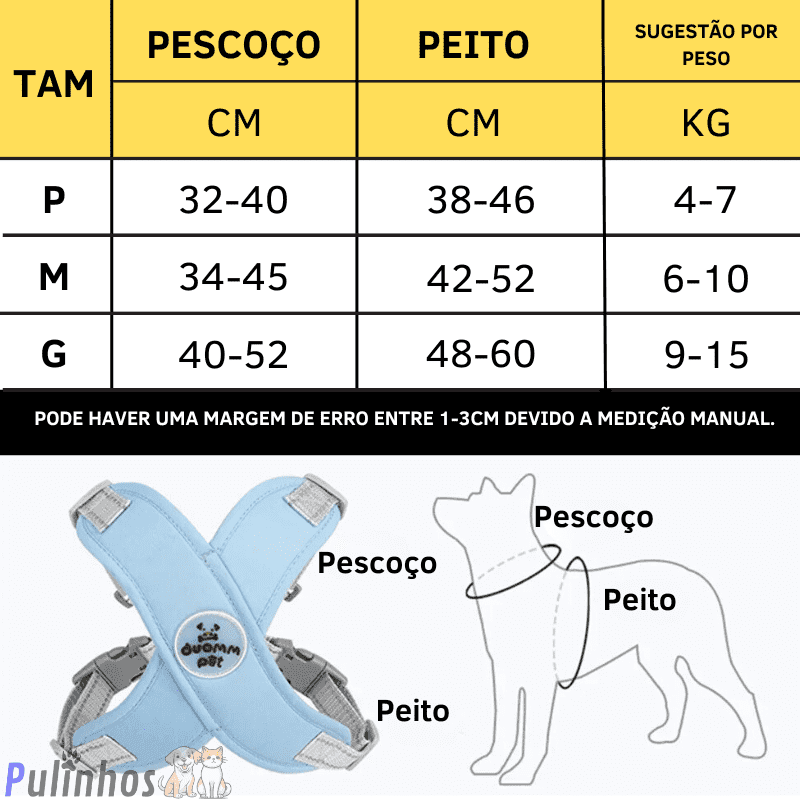 Kit Coleira Peitoral com Guia para Animais de Estimação - Pulinhos